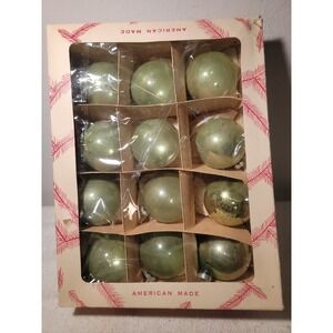 Coby Green Glass Ball Christmas Ornaments Made In USA Set Of 12 & box Vintage